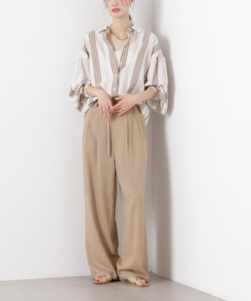 多機能リネン混リボンベルト付タックワイドパンツ(セットアップ可
