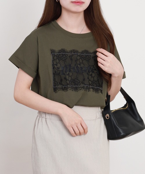 EGLANTINE(エグランティーヌ)の「EGLANTINE フロントレースロゴカットソー 半袖(Tシャツ/カットソー・レディース・カーキ/チャコールグレー/ブラック/オフホワイト・38)」の8枚目の写真