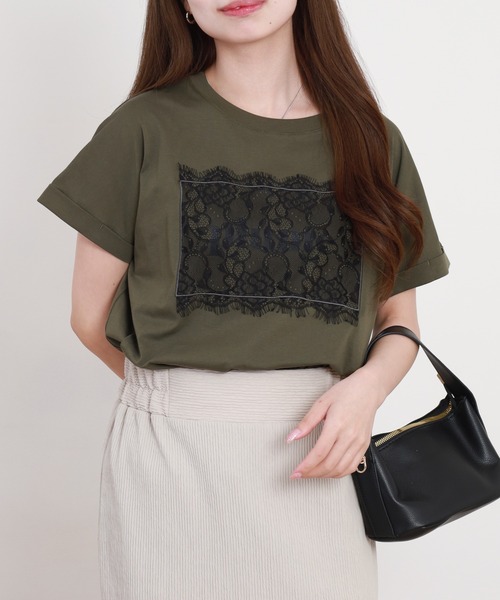 EGLANTINE(エグランティーヌ)の「EGLANTINE フロントレースロゴカットソー 半袖(Tシャツ/カットソー・レディース・カーキ/チャコールグレー/ブラック/オフホワイト・38)」の9枚目の写真