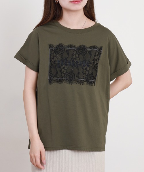 EGLANTINE(エグランティーヌ)の「EGLANTINE フロントレースロゴカットソー 半袖(Tシャツ/カットソー・レディース・カーキ/チャコールグレー/ブラック/オフホワイト・38)」の13枚目の写真
