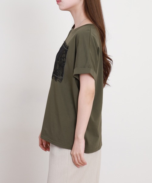 EGLANTINE(エグランティーヌ)の「EGLANTINE フロントレースロゴカットソー 半袖(Tシャツ/カットソー・レディース・カーキ/チャコールグレー/ブラック/オフホワイト・38)」の14枚目の写真