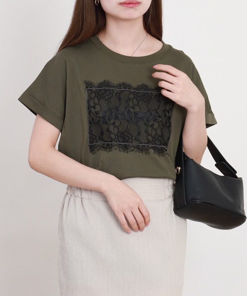 EGLANTINE(エグランティーヌ)の「EGLANTINE フロントレースロゴカットソー 半袖(Tシャツ/カットソー・レディース・カーキ/チャコールグレー/ブラック/オフホワイト・38)」の6枚目の写真
