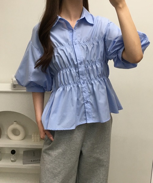 Ree&Mee（リーアンドミー）の「Ree&Mee TCブロード シャーリング パフスリーブ ブラウス 袖裏チュール仕様 半端袖（シャツ/ブラウス・レディース・オフホワイト/ブルー/ブラック・M/L）」の15枚目の写真