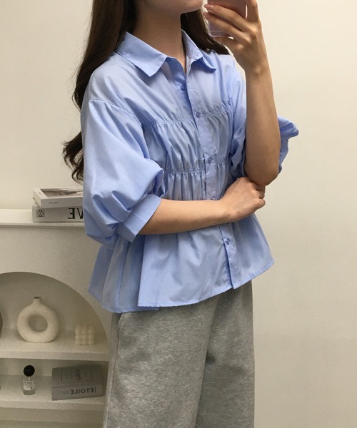 Ree&Mee（リーアンドミー）の「Ree&Mee TCブロード シャーリング パフスリーブ ブラウス 袖裏チュール仕様 半端袖（シャツ/ブラウス・レディース・オフホワイト/ブルー/ブラック・M/L）」の17枚目の写真