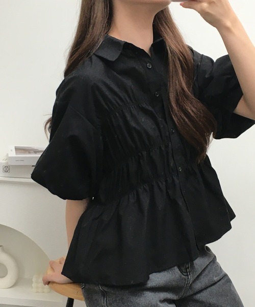 Ree&Mee（リーアンドミー）の「Ree&Mee TCブロード シャーリング パフスリーブ ブラウス 袖裏チュール仕様 半端袖（シャツ/ブラウス・レディース・オフホワイト/ブルー/ブラック・M/L）」の7枚目の写真