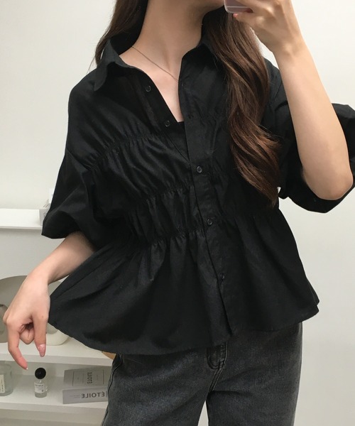 Ree&Mee（リーアンドミー）の「Ree&Mee TCブロード シャーリング パフスリーブ ブラウス 袖裏チュール仕様 半端袖（シャツ/ブラウス・レディース・オフホワイト/ブルー/ブラック・M/L）」の8枚目の写真