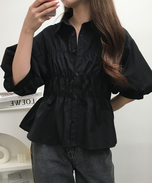Ree&Mee（リーアンドミー）の「Ree&Mee TCブロード シャーリング パフスリーブ ブラウス 袖裏チュール仕様 半端袖（シャツ/ブラウス・レディース・オフホワイト/ブルー/ブラック・M/L）」の9枚目の写真