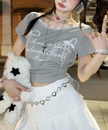 リボンシャーリングボートネック半袖ロゴTシャツ