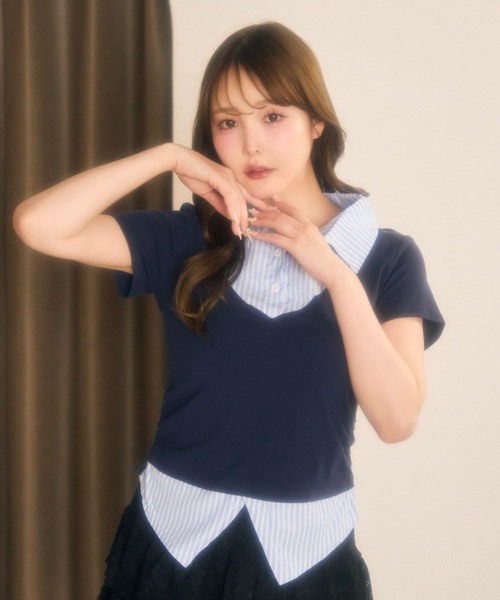 miune（ミューヌ）の「ストライプシャツドッキングカットソー（Tシャツ/カットソー・レディース・ブラック/ネイビー/グレー・FREE）」の2枚目の写真