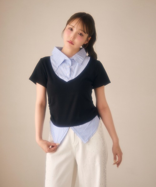 miune（ミューヌ）の「ストライプシャツドッキングカットソー（Tシャツ/カットソー・レディース・ブラック/ネイビー/グレー・FREE）」の11枚目の写真