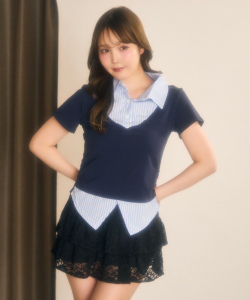 miune（ミューヌ）の「ストライプシャツドッキングカットソー（Tシャツ/カットソー・レディース・ブラック/ネイビー/グレー・FREE）」の14枚目の写真