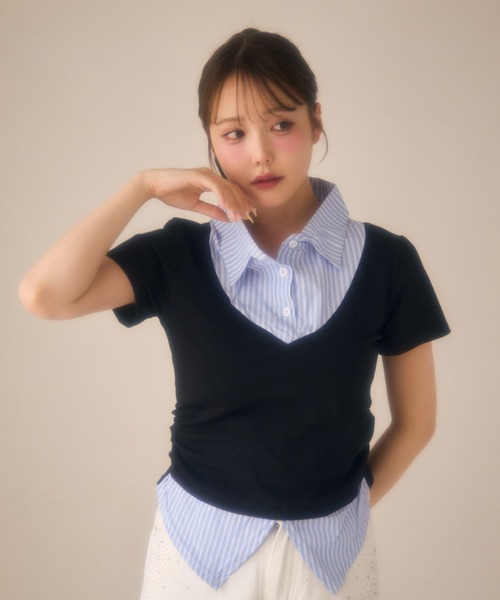 miune（ミューヌ）の「ストライプシャツドッキングカットソー（Tシャツ/カットソー・レディース・ブラック/ネイビー/グレー・FREE）」の5枚目の写真