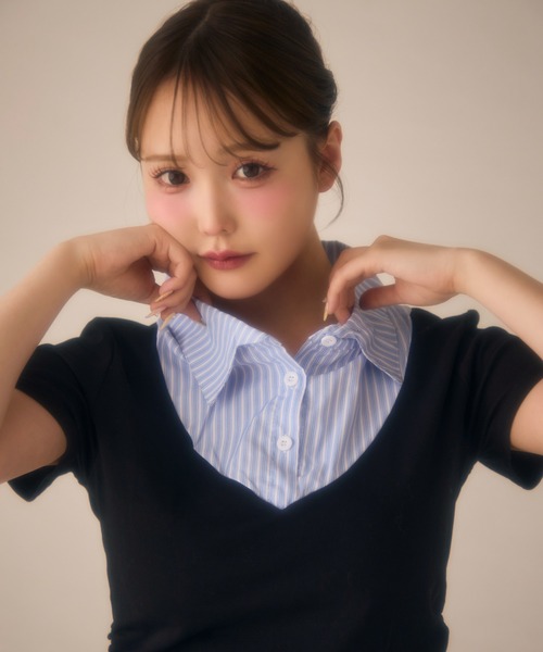 miune（ミューヌ）の「ストライプシャツドッキングカットソー（Tシャツ/カットソー・レディース・ブラック/ネイビー/グレー・FREE）」の7枚目の写真