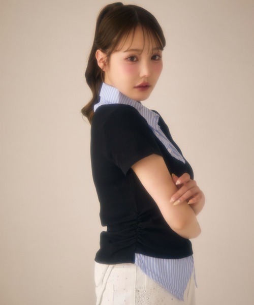 miune（ミューヌ）の「ストライプシャツドッキングカットソー（Tシャツ/カットソー・レディース・ブラック/ネイビー/グレー・FREE）」の9枚目の写真