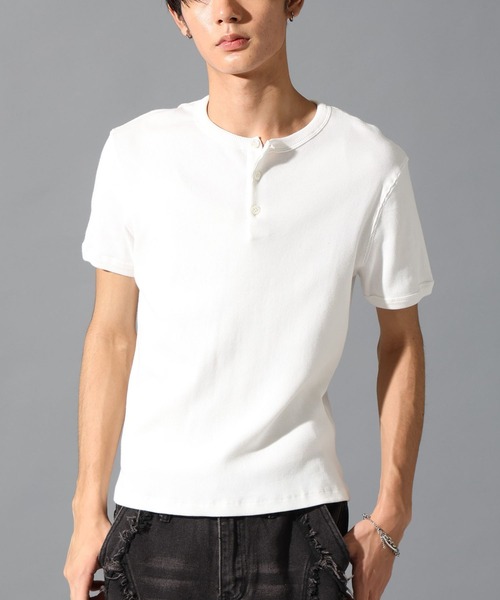 LAND MUSEUM（ランドミュージアム）の「LAND MUSEUM／スリムヘンリーネックＴ（Tシャツ/カットソー・メンズ・ブラック/ホワイト・LARGE/MEDIUM）」の2枚目の写真