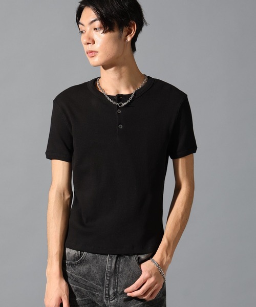 LAND MUSEUM（ランドミュージアム）の「LAND MUSEUM／スリムヘンリーネックＴ（Tシャツ/カットソー・メンズ・ブラック/ホワイト・LARGE/MEDIUM）」の4枚目の写真