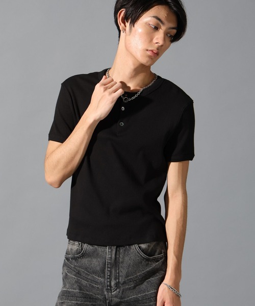LAND MUSEUM（ランドミュージアム）の「LAND MUSEUM／スリムヘンリーネックＴ（Tシャツ/カットソー・メンズ・ブラック/ホワイト・LARGE/MEDIUM）」の5枚目の写真
