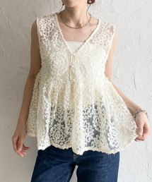 Vネック 刺繍 レース ジャガード チュール シアー ペプラムベスト トップス