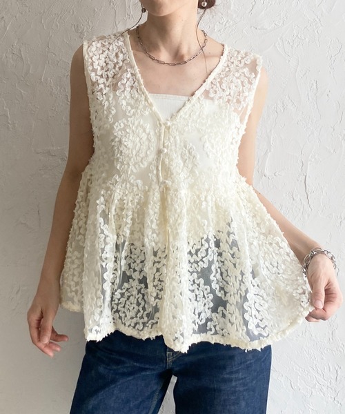 セール】Vネック 刺繍 レース ジャガード チュール シアー ペプラム