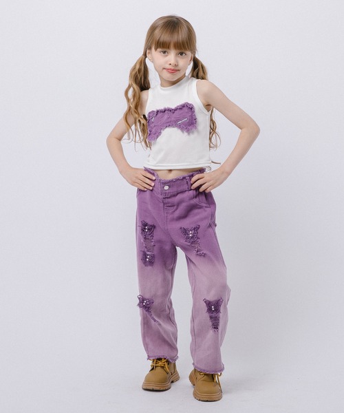 URBAN CHERRY(アーバンチェリー)の「【2点セット】バタフライデザインタンクトップ+グラデーションダメージデニムパンツ(タンクトップ・キッズ・パープル/ピンク/ブルー・110cm/120cm/130cm/140cm/150cm/160cm)」の3枚目の写真