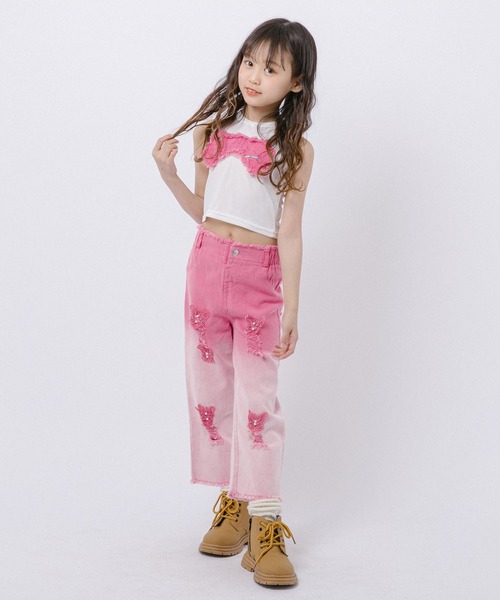 URBAN CHERRY(アーバンチェリー)の「【2点セット】バタフライデザインタンクトップ+グラデーションダメージデニムパンツ(タンクトップ・キッズ・パープル/ピンク/ブルー・110cm/120cm/130cm/140cm/150cm/160cm)」の1枚目の写真