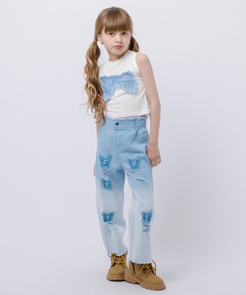 URBAN CHERRY(アーバンチェリー)の「【2点セット】バタフライデザインタンクトップ+グラデーションダメージデニムパンツ(タンクトップ・キッズ・パープル/ピンク/ブルー・110cm/120cm/130cm/140cm/150cm/160cm)」の2枚目の写真