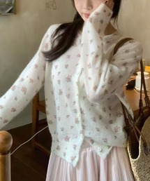 花柄透け感ニットカーディガン