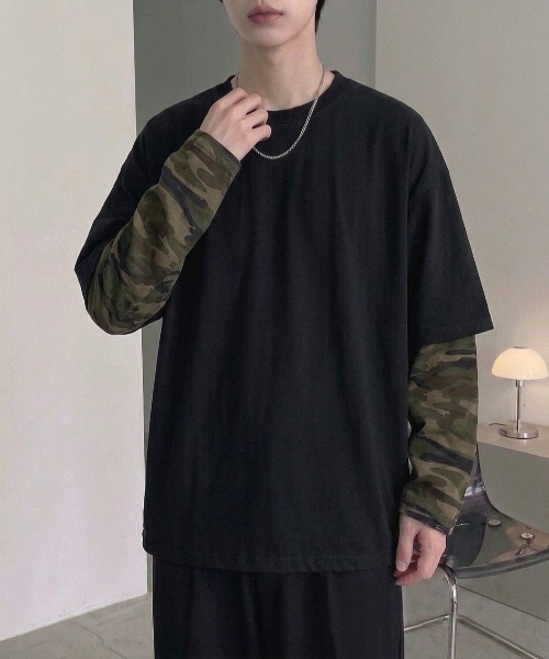 B.R.U(ブル)の「迷彩ドッキングトップス(Tシャツ/カットソー・メンズ・ブラック/ホワイト・FREE)」の1枚目の写真