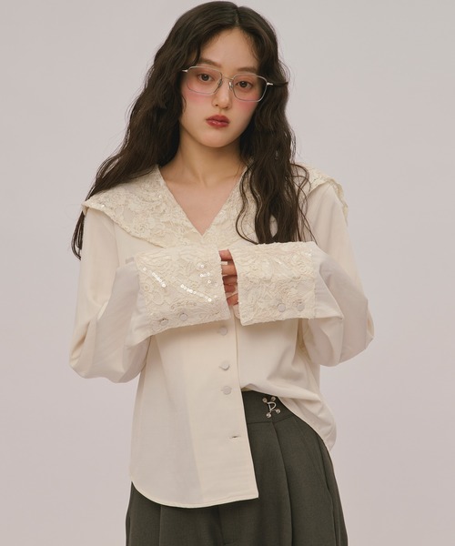 loin nuit(ロワンニュイ)の「spangle lace collar blouse / スパンコールレースカラーブラウス(シャツ/ブラウス・レディース・バーガンディー/ピンク/アイボリー・FREE)」の9枚目の写真