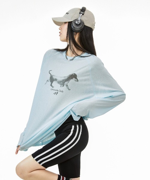 SHEPP（シープ）の「【26年秋冬新作】ドッグ グラフィック ラグラン シアー ロングTシャツ ロンT（Tシャツ/カットソー・レディース・ピンク/サックスブルー/ホワイト・F）」の6枚目の写真