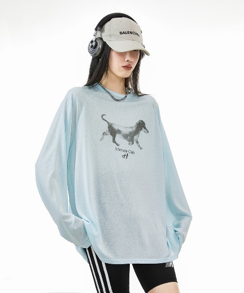 SHEPP（シープ）の「【26年秋冬新作】ドッグ グラフィック ラグラン シアー ロングTシャツ ロンT（Tシャツ/カットソー・レディース・ピンク/サックスブルー/ホワイト・F）」の7枚目の写真