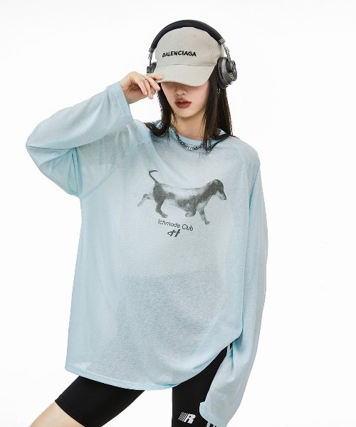 SHEPP（シープ）の「【26年秋冬新作】ドッグ グラフィック ラグラン シアー ロングTシャツ ロンT（Tシャツ/カットソー・レディース・ピンク/サックスブルー/ホワイト・F）」の10枚目の写真