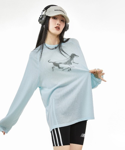 SHEPP（シープ）の「【26年秋冬新作】ドッグ グラフィック ラグラン シアー ロングTシャツ ロンT（Tシャツ/カットソー・レディース・ピンク/サックスブルー/ホワイト・F）」の11枚目の写真