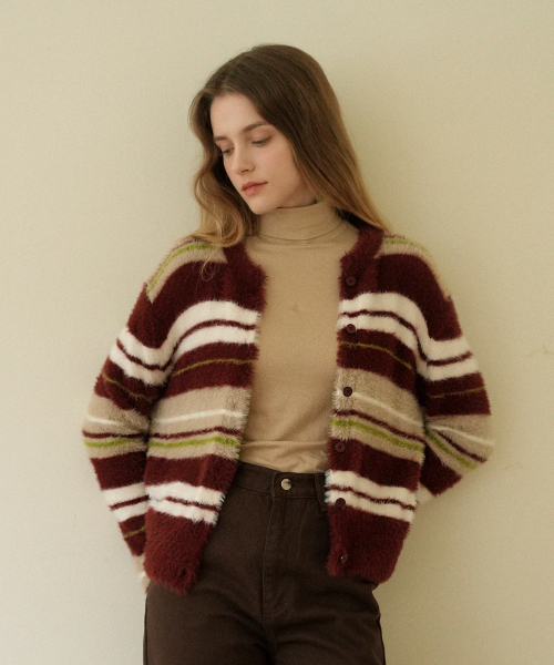 VLETI（ブレッティ）の「Color Scheme Striped Knit Cardigan (Burgundy)（カーディガン/ボレロ・レディース・バーガンディー・FREE）」の2枚目の写真
