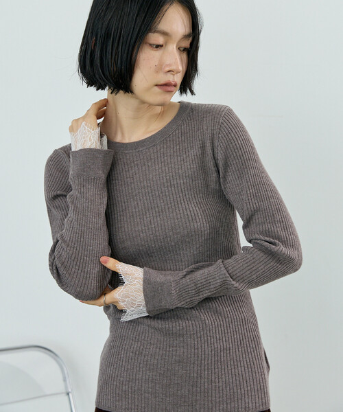 FREAK'S STORE(フリークスストア)の「ウォッシャブル レースドッキング リブニット/洗えるニット(ニット/セーター・レディース・ブルー/オフホワイト/ベージュ/ブラック・フリ-)」の4枚目の写真