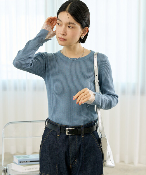 FREAK'S STORE(フリークスストア)の「ウォッシャブル レースドッキング リブニット/洗えるニット(ニット/セーター・レディース・ブルー/オフホワイト/ベージュ/ブラック・フリ-)」の10枚目の写真