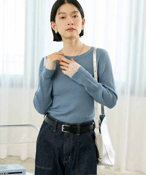 FREAK'S STORE(フリークスストア)の「ウォッシャブル レースドッキング リブニット/洗えるニット(ニット/セーター・レディース・ブルー/オフホワイト/ベージュ/ブラック・フリ-)」の12枚目の写真