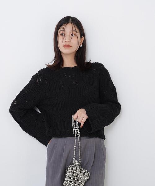 N.（N. Natural Beauty Basic）（エヌエヌナチュラルビューティーベーシック）の「レース柄編みニット（ニット/セーター・レディース・オフホワイト/ブラック/レッド・FREE）」の7枚目の写真