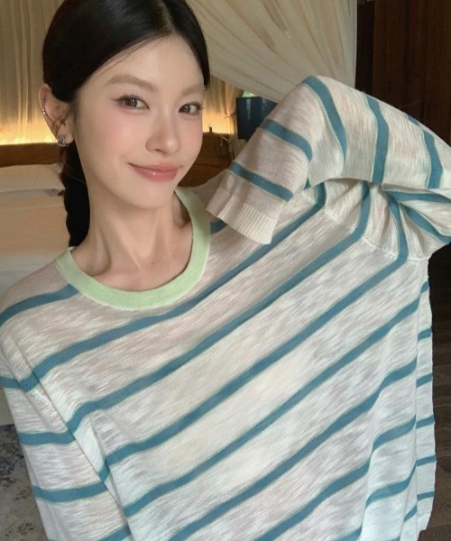 GEMEDA(ジェメダ)の「ボーダー柄配色ロングTシャツ(Tシャツ/カットソー・レディース・ライトグリーン/ホワイト/ライトピンク・M)」の2枚目の写真
