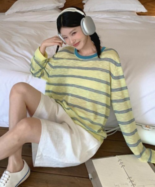 GEMEDA(ジェメダ)の「ボーダー柄配色ロングTシャツ(Tシャツ/カットソー・レディース・ライトグリーン/ホワイト/ライトピンク・M)」の5枚目の写真