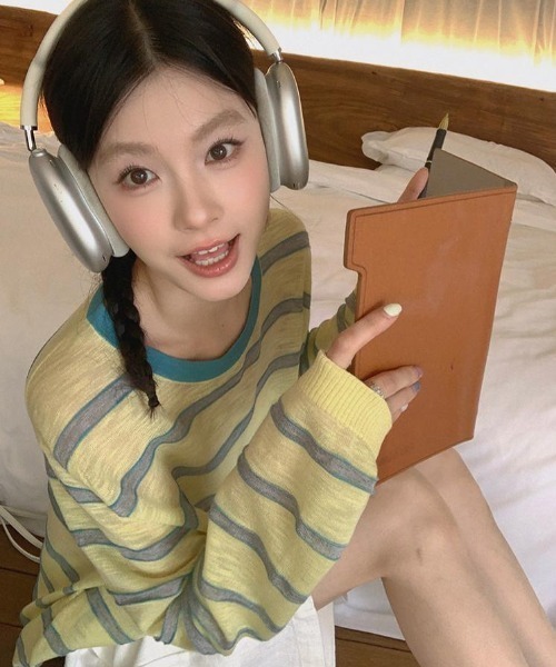 GEMEDA(ジェメダ)の「ボーダー柄配色ロングTシャツ(Tシャツ/カットソー・レディース・ライトグリーン/ホワイト/ライトピンク・M)」の9枚目の写真