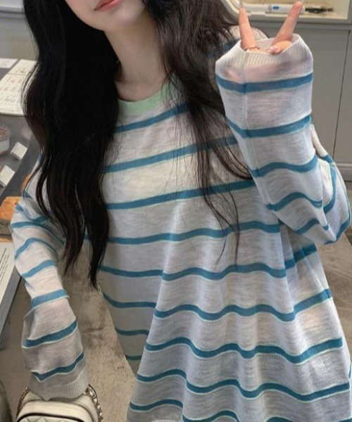 GEMEDA(ジェメダ)の「ボーダー柄配色ロングTシャツ(Tシャツ/カットソー・レディース・ライトグリーン/ホワイト/ライトピンク・M)」の12枚目の写真