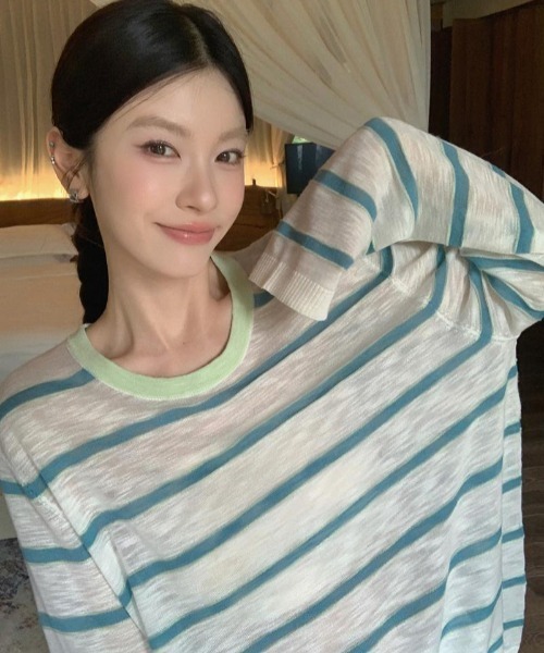 GEMEDA(ジェメダ)の「ボーダー柄配色ロングTシャツ(Tシャツ/カットソー・レディース・ライトグリーン/ホワイト/ライトピンク・M)」の16枚目の写真