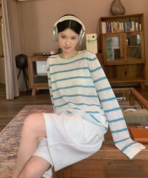 GEMEDA(ジェメダ)の「ボーダー柄配色ロングTシャツ(Tシャツ/カットソー・レディース・ライトグリーン/ホワイト/ライトピンク・M)」の17枚目の写真