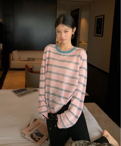 GEMEDA(ジェメダ)の「ボーダー柄配色ロングTシャツ(Tシャツ/カットソー・レディース・ライトグリーン/ホワイト/ライトピンク・M)」の18枚目の写真