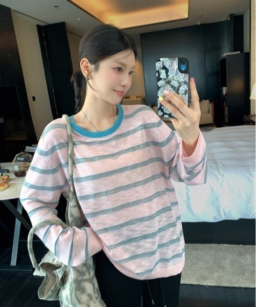 GEMEDA(ジェメダ)の「ボーダー柄配色ロングTシャツ(Tシャツ/カットソー・レディース・ライトグリーン/ホワイト/ライトピンク・M)」の21枚目の写真
