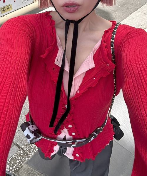 Alley Tokyo(アリートーキョー)の「ふりふりいっぱいレイヤードしてる風カーデ(カーディガン/ボレロ・レディース・レッド/グレー/サックスブルー・FREE)」の3枚目の写真