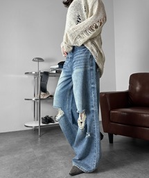 【360度可愛い!】ダメージエンボスデニム/2026秋新作 26AW デニムパンツ ダメージデニム フルレングス エンボス加工 ワイドデニム ストレートデニム バギーデニム 1サイズ Mサイズ ブルー 海外ガール ダメージ加工 ジーンズ