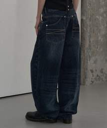 POCKET DETAIL WIDE DENIM PANTS (WASHED DARK BLUE)