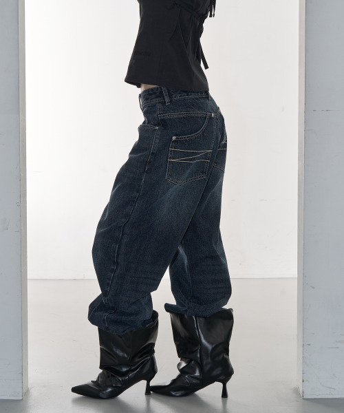 ZIZEMUSEUM（ジゼミュージアム）の「POCKET DETAIL WIDE DENIM PANTS (WASHED DARK BLUE)（デニムパンツ・レディース・その他・LARGE/MEDIUM/SMALL）」の2枚目の写真